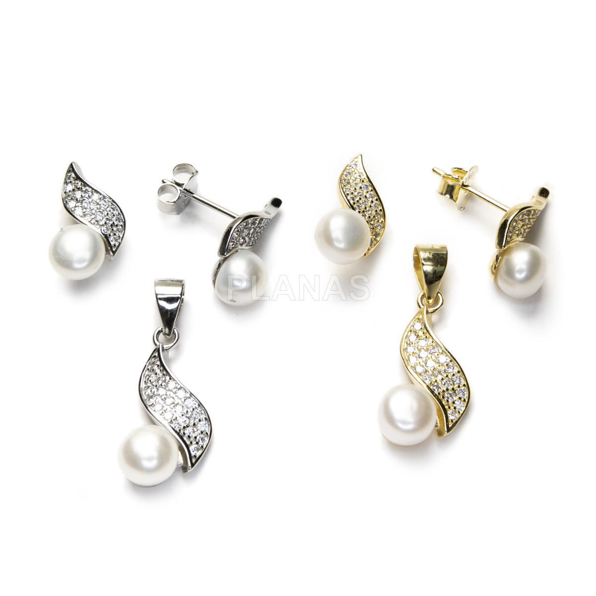 Rhodium-plated sterling silver and zirconia set with cultured pearl.