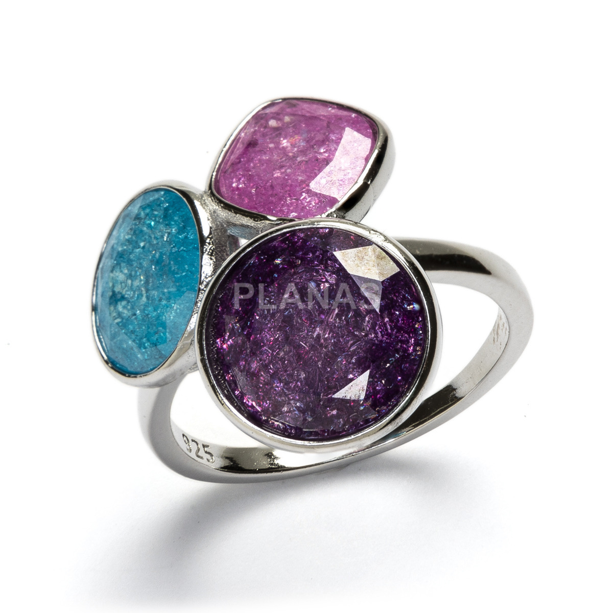 Ring in rhodium-plated sterling silver and colored zircons.