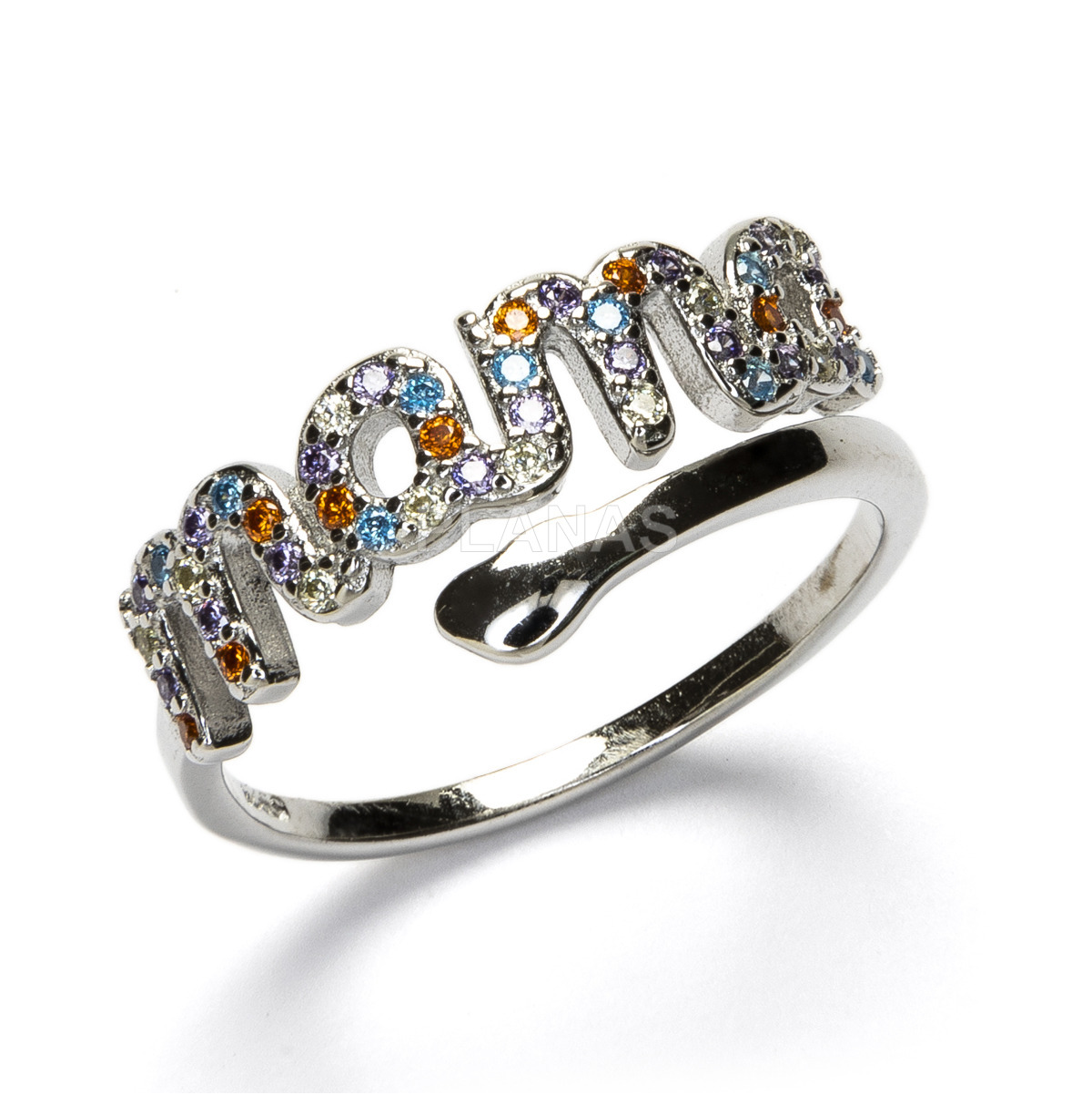 Ring in rhodium-plated sterling silver and colored zircons.mama.