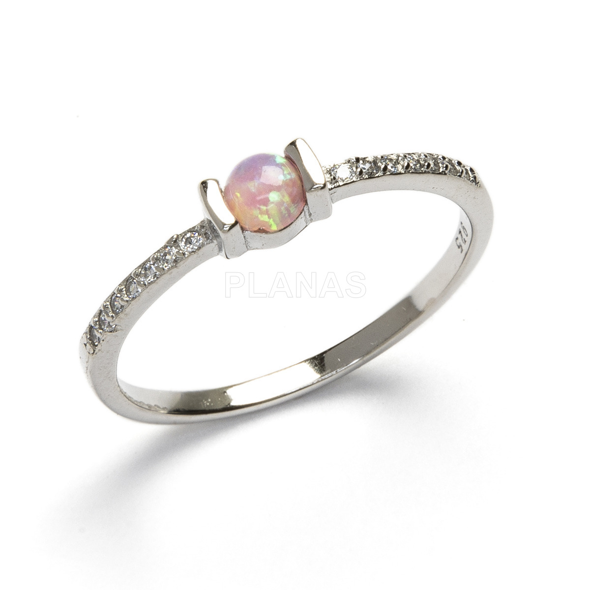 Rhodium plated sterling silver ring. pink opal.