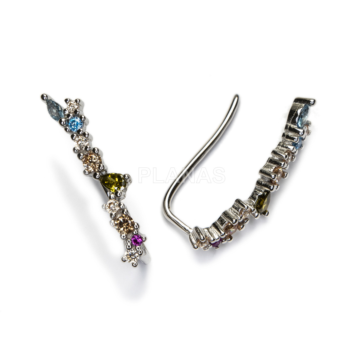 Pendientes Trepadores en Plata de Ley Rodiada y Circonitas de Colores. 