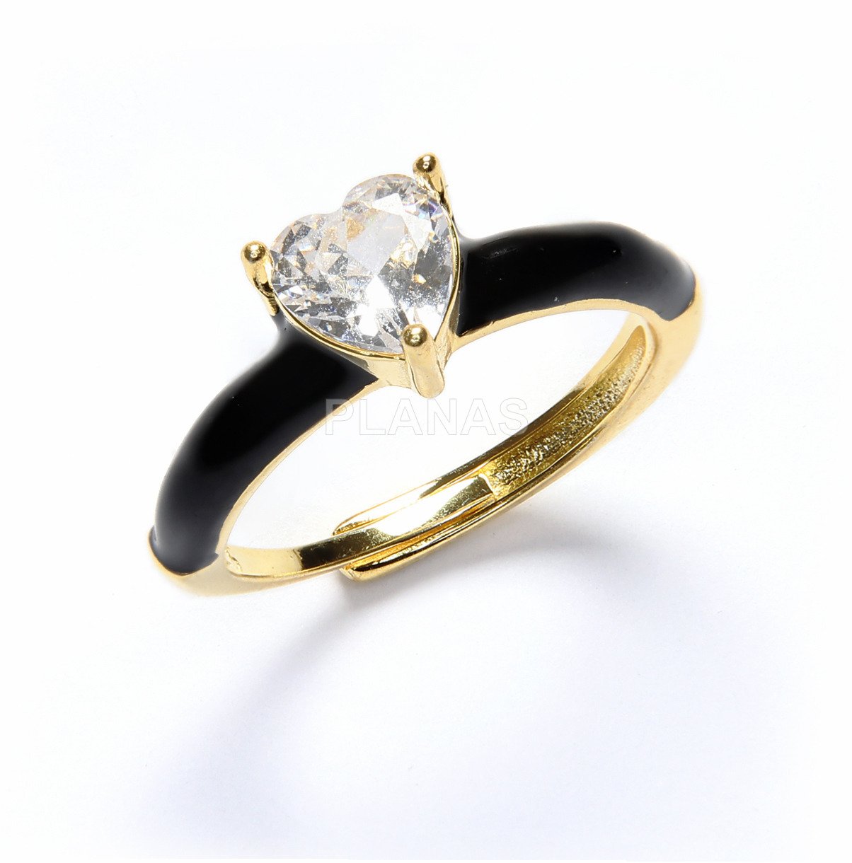 Sterling silver and gold plated ring with white zirconia and black enamel. heart.