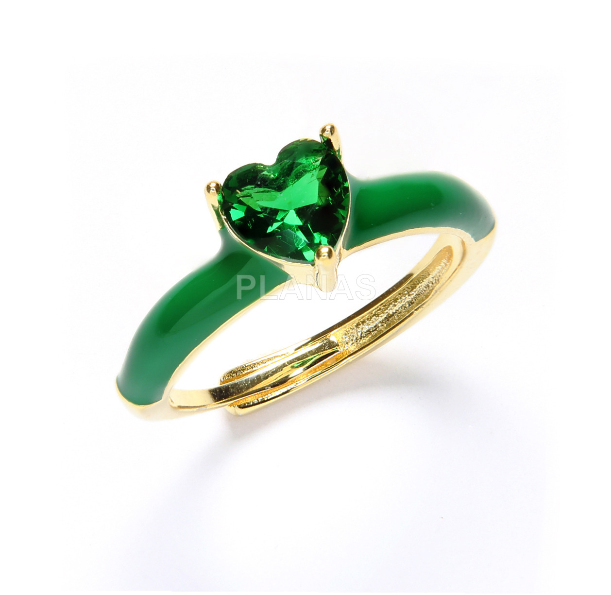 Ring in sterling silver and gold plated with white zirconia and green enamel. heart.
