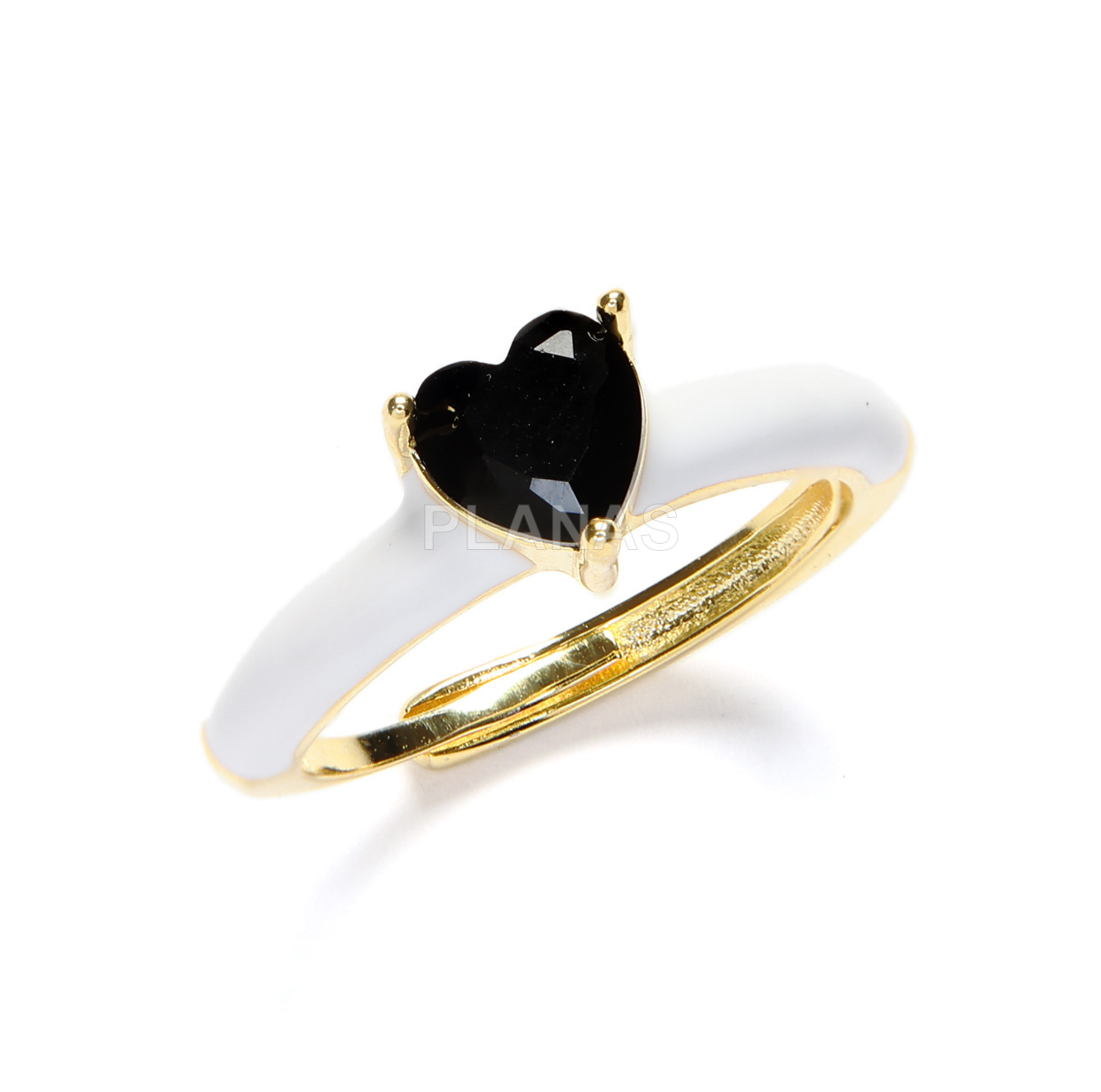 Ring in sterling silver and gold plated with zirconia and white enamel. heart.