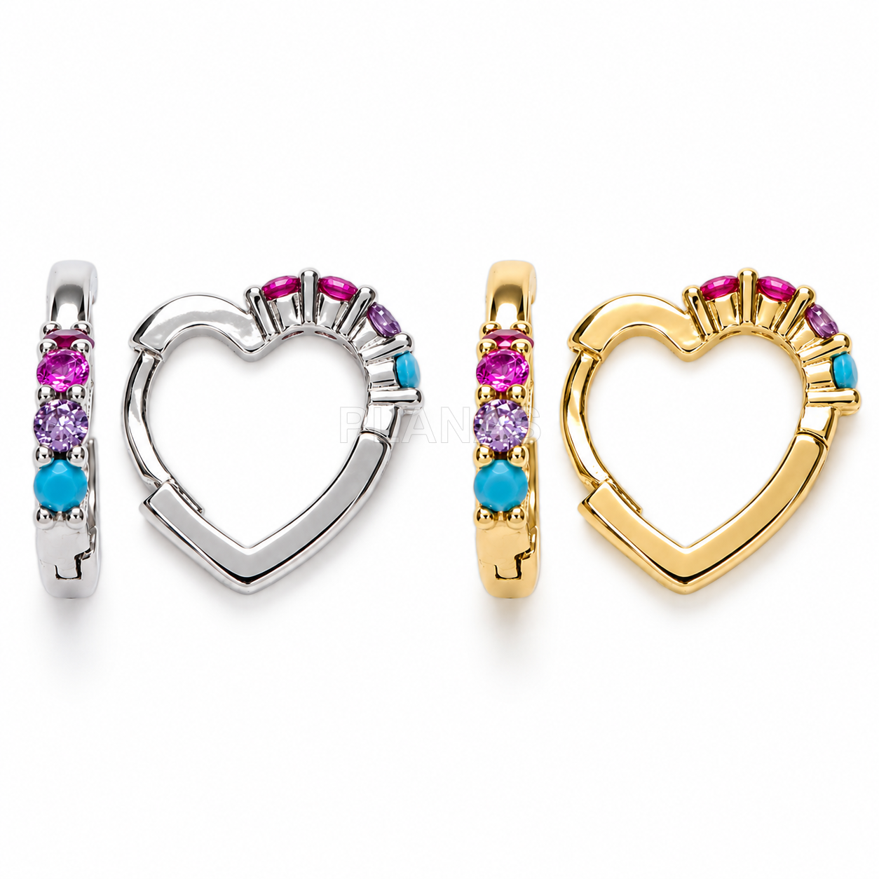 Aros en Plata de ley y Circonitas de Colores. CORAZÓN. 