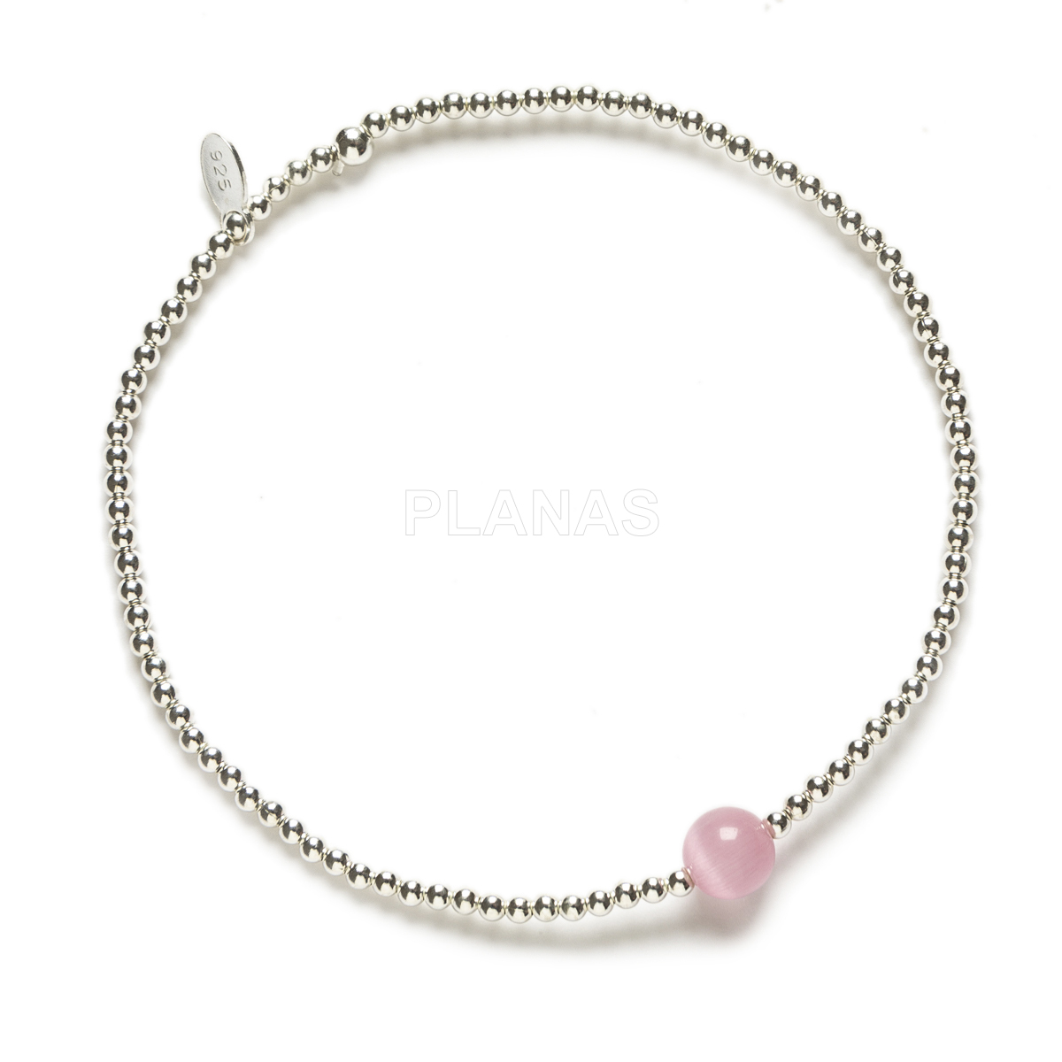 Pulsera elástica en Plata de Ley y Quarzo Rosa.