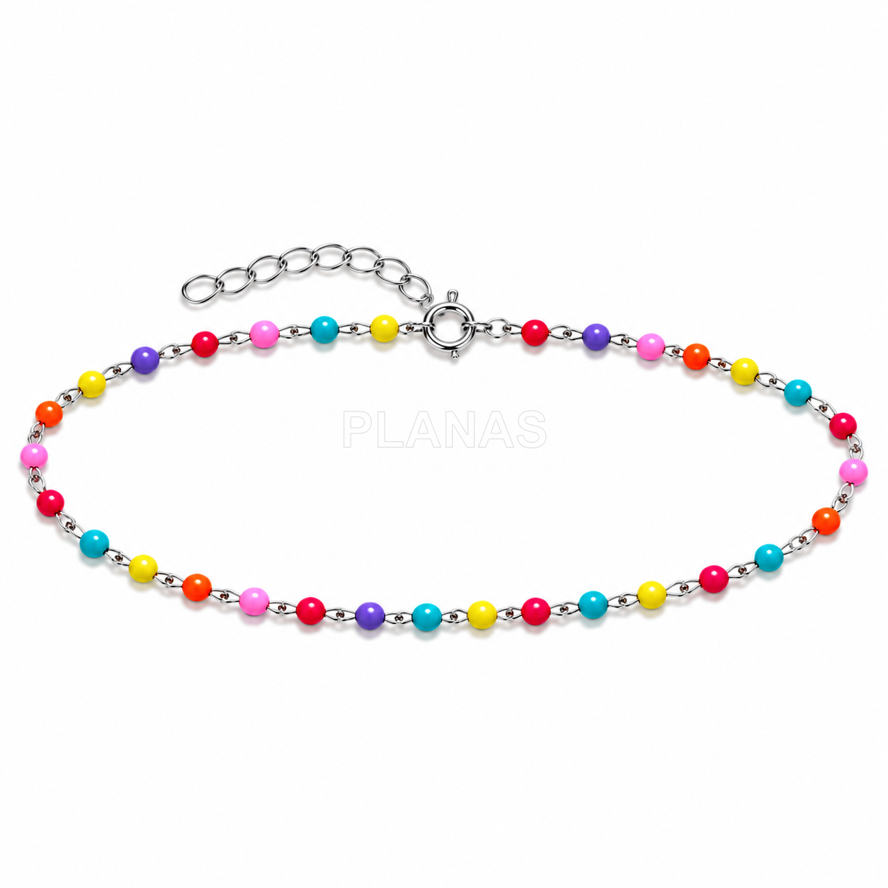 Collar, Pulsera y Tobillera en Plata de Ley y bolitas esmaltadas. 