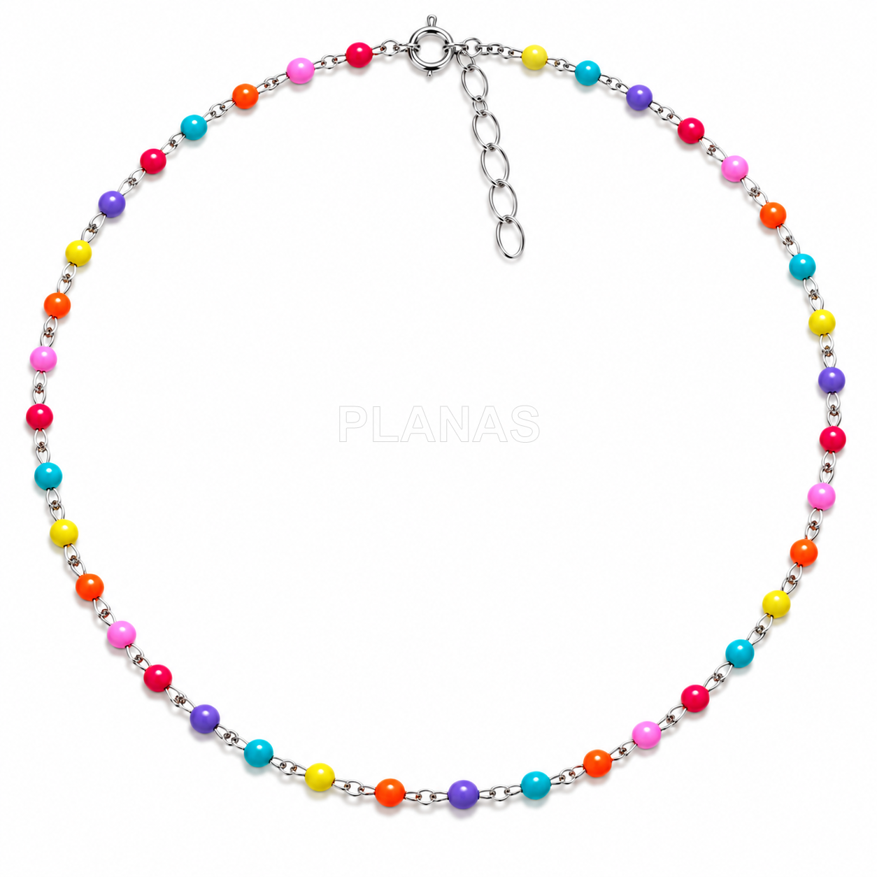 Collar, Pulsera y Tobillera en Plata de Ley y bolitas esmaltadas. 
