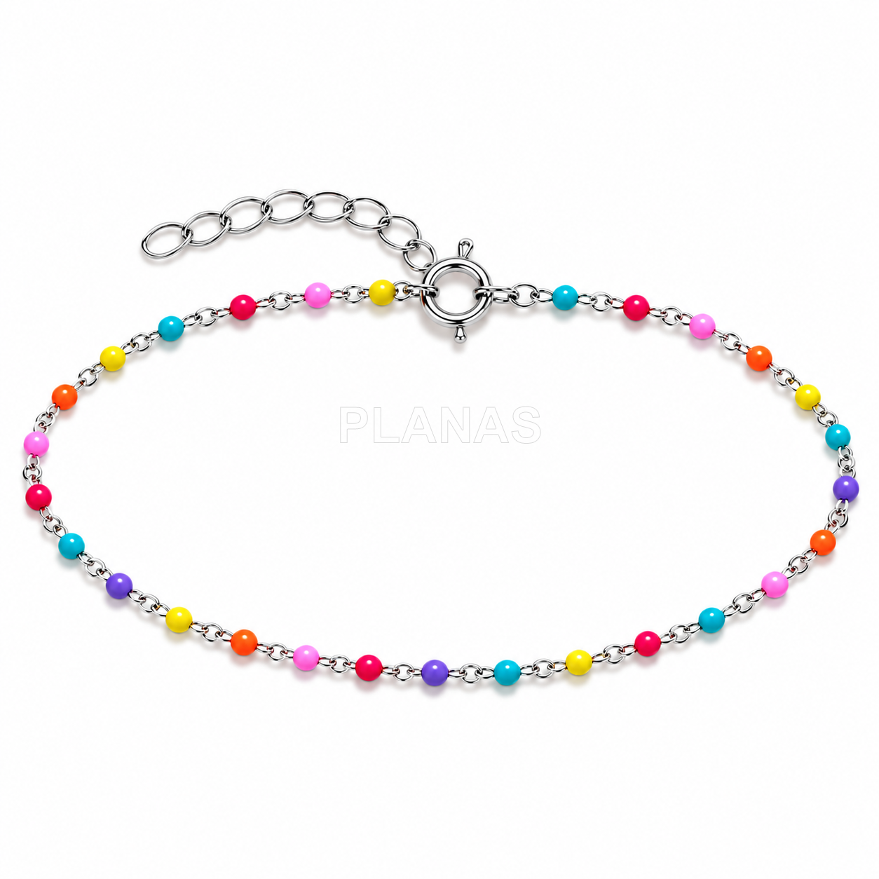 Collar, Pulsera y Tobillera en Plata de Ley y bolitas esmaltadas. 