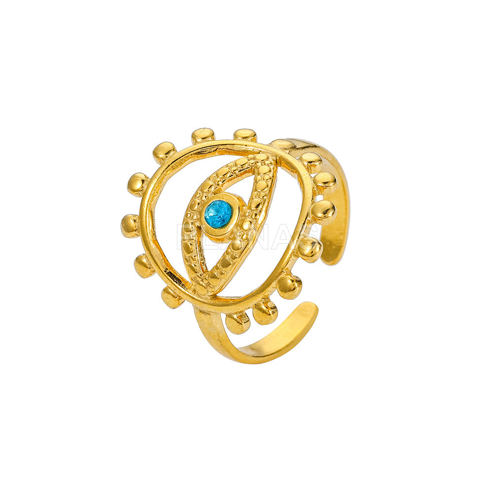 Anillo en Acero Inoxidable y Baño Oro con Circonita azul. OJO.  