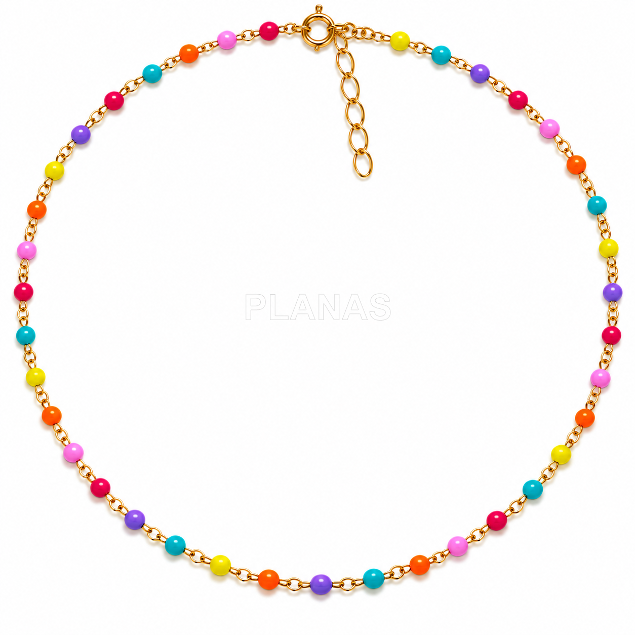 Collar, Pulsera y Tobillera en Plata de Ley y Baño Oro con bolitas esmaltadas. 