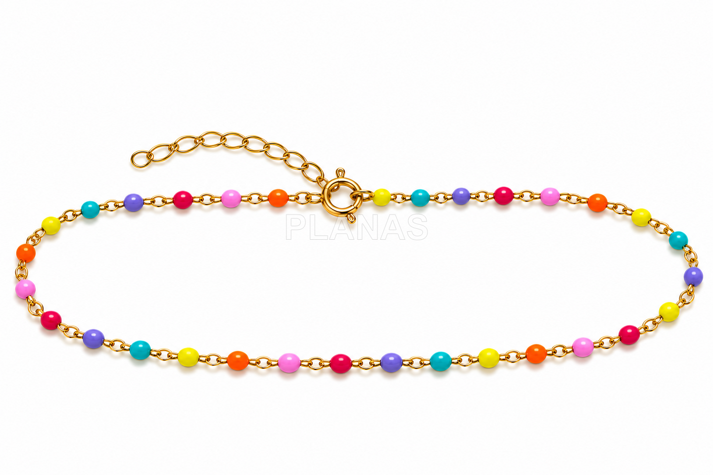 Collar, Pulsera y Tobillera en Plata de Ley y Baño Oro con bolitas esmaltadas. 