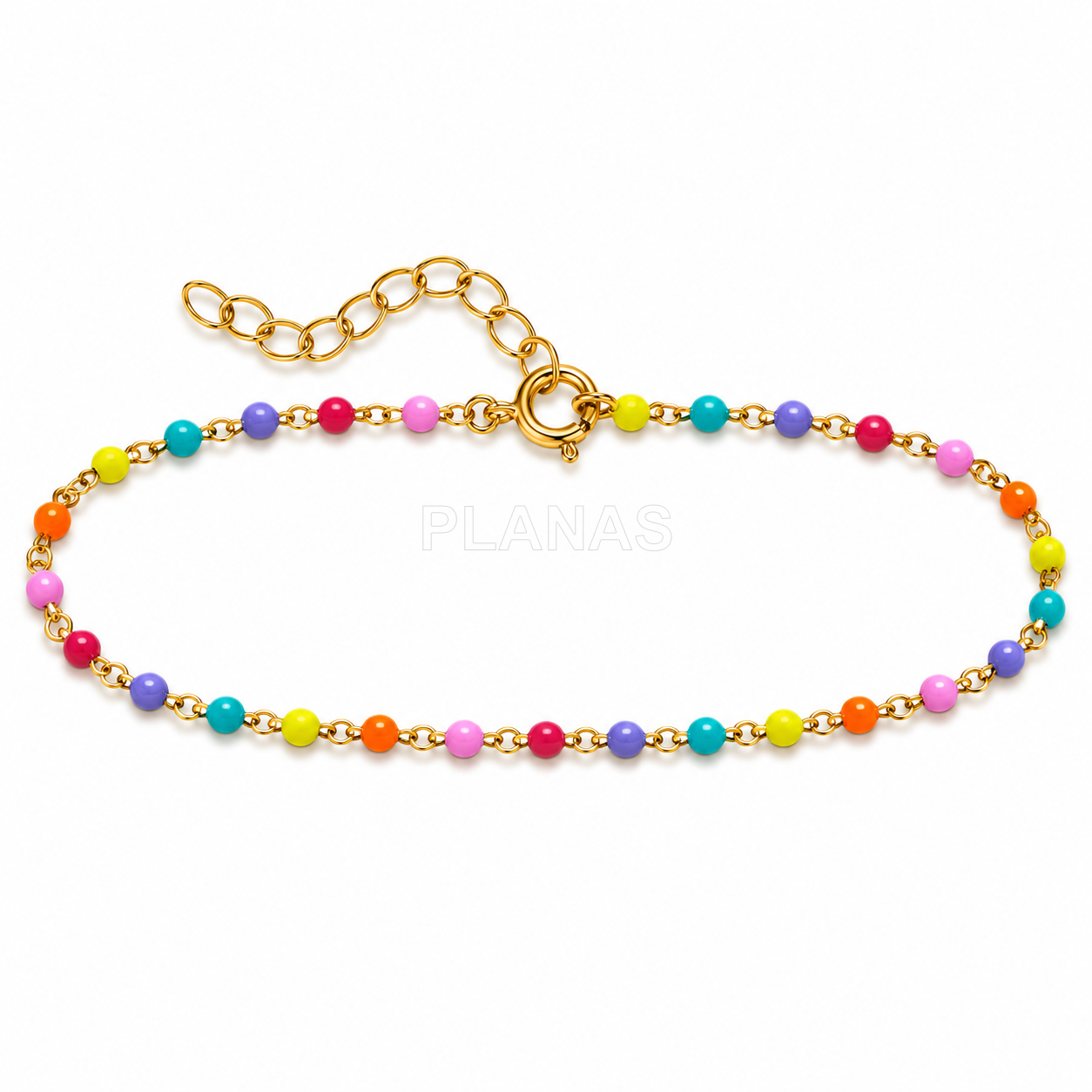 Collar, Pulsera y Tobillera en Plata de Ley y Baño Oro con bolitas esmaltadas. 