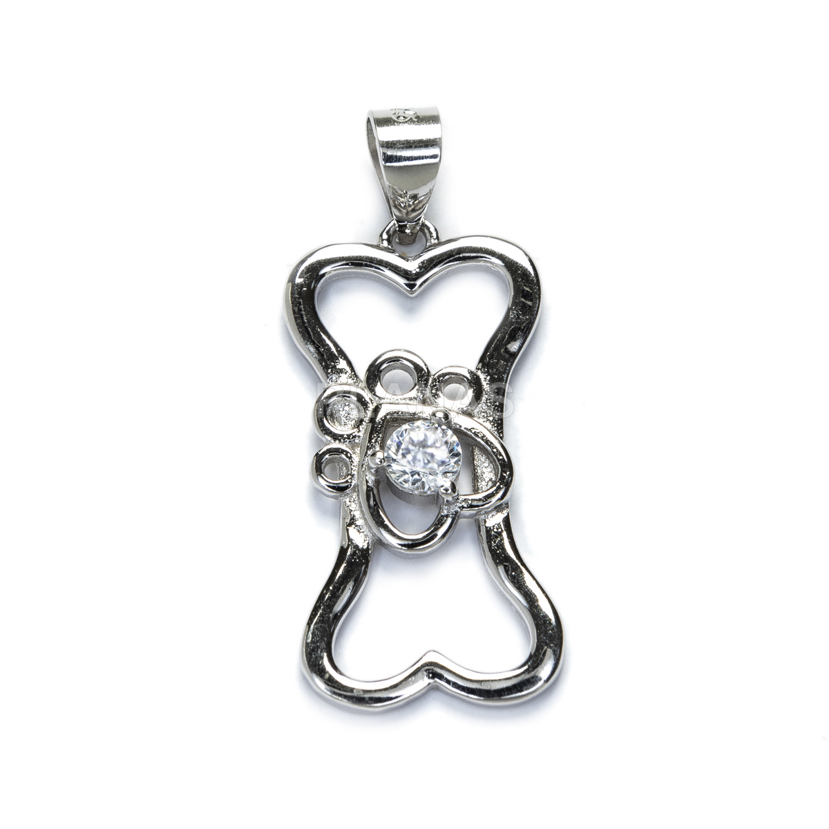 Pendant in rhodium-plated sterling silver and white zircons. bone and hoof.