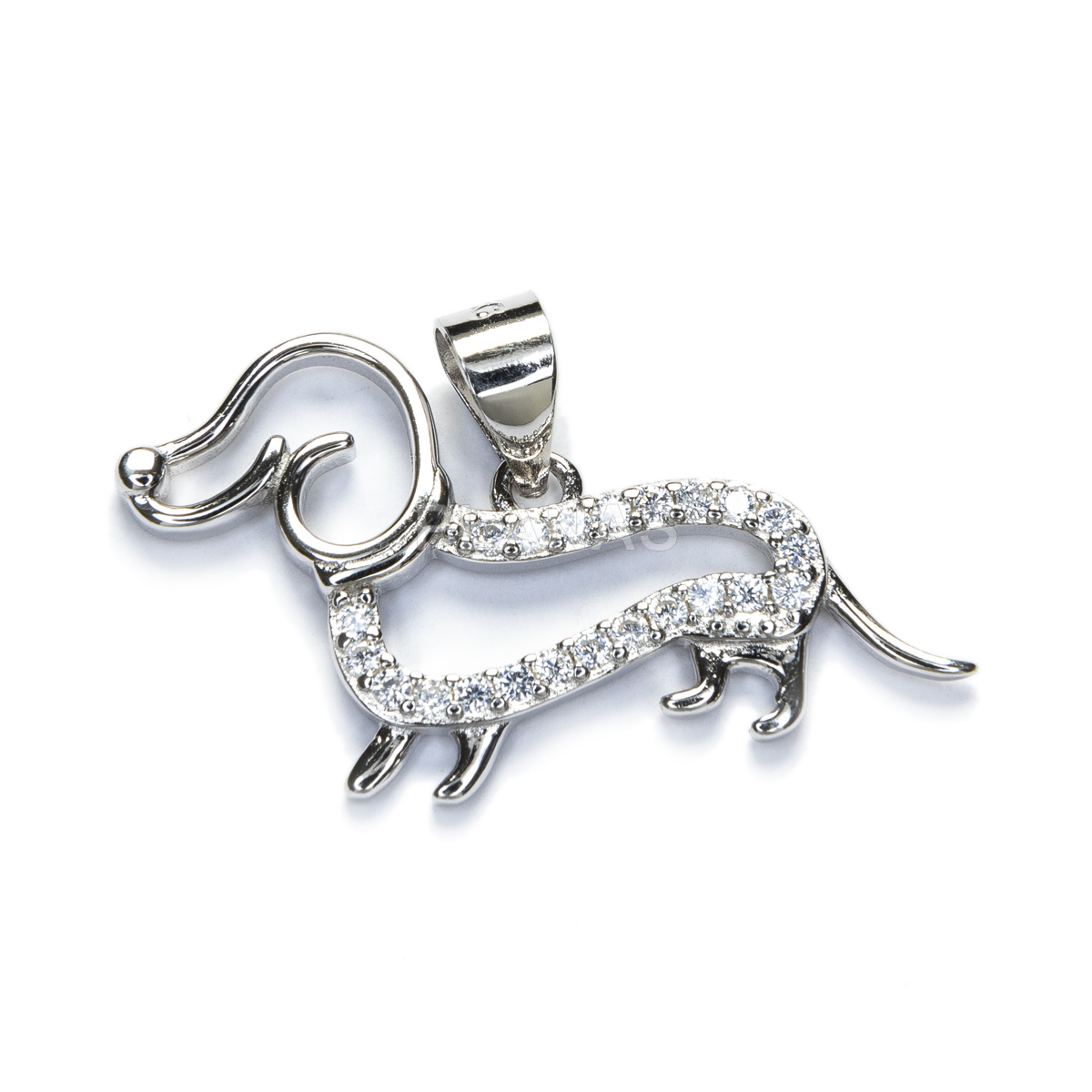 Pendant in rhodium-plated sterling silver and white zircons. puppy.
