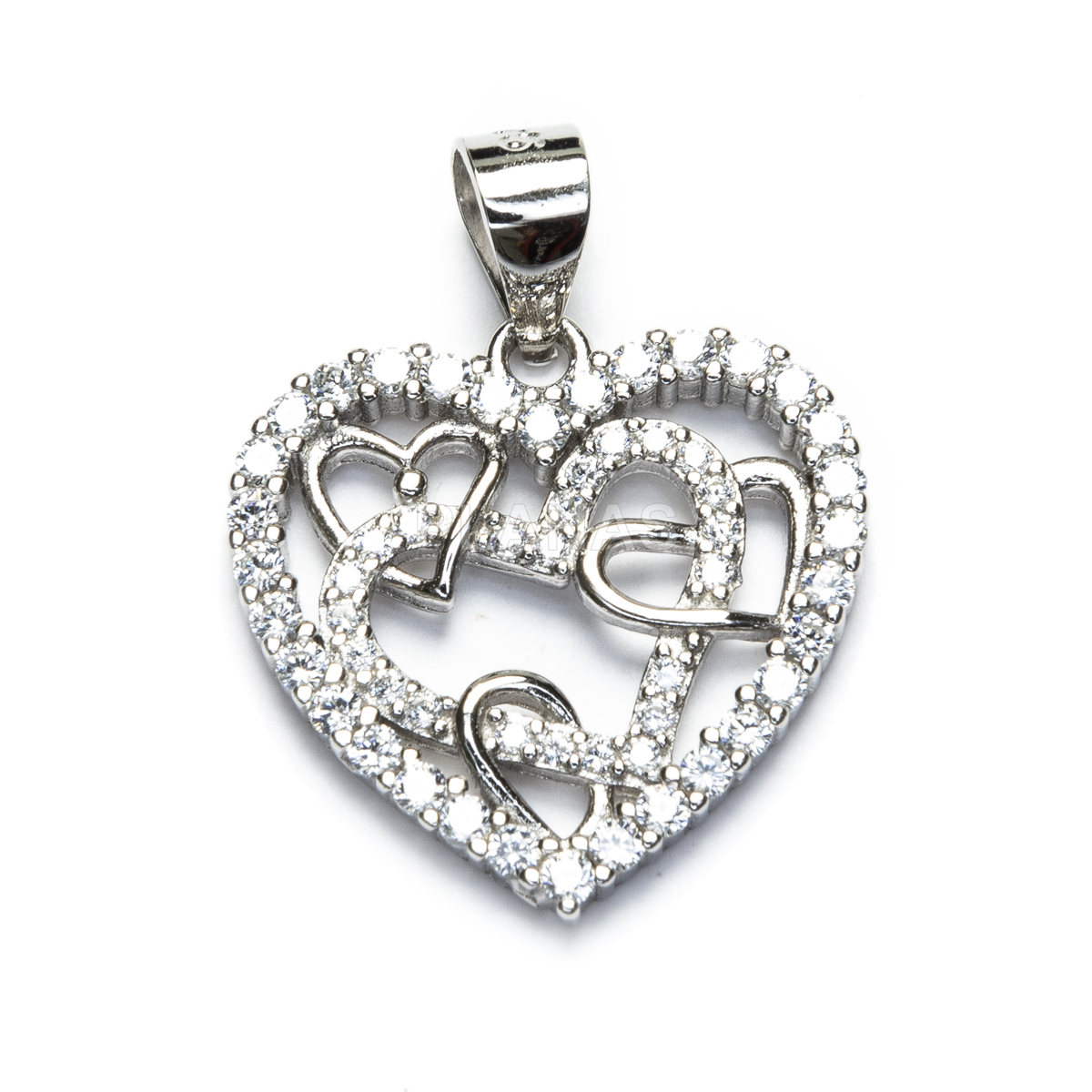 Pendant in rhodium-plated sterling silver and white zircons. hearts.