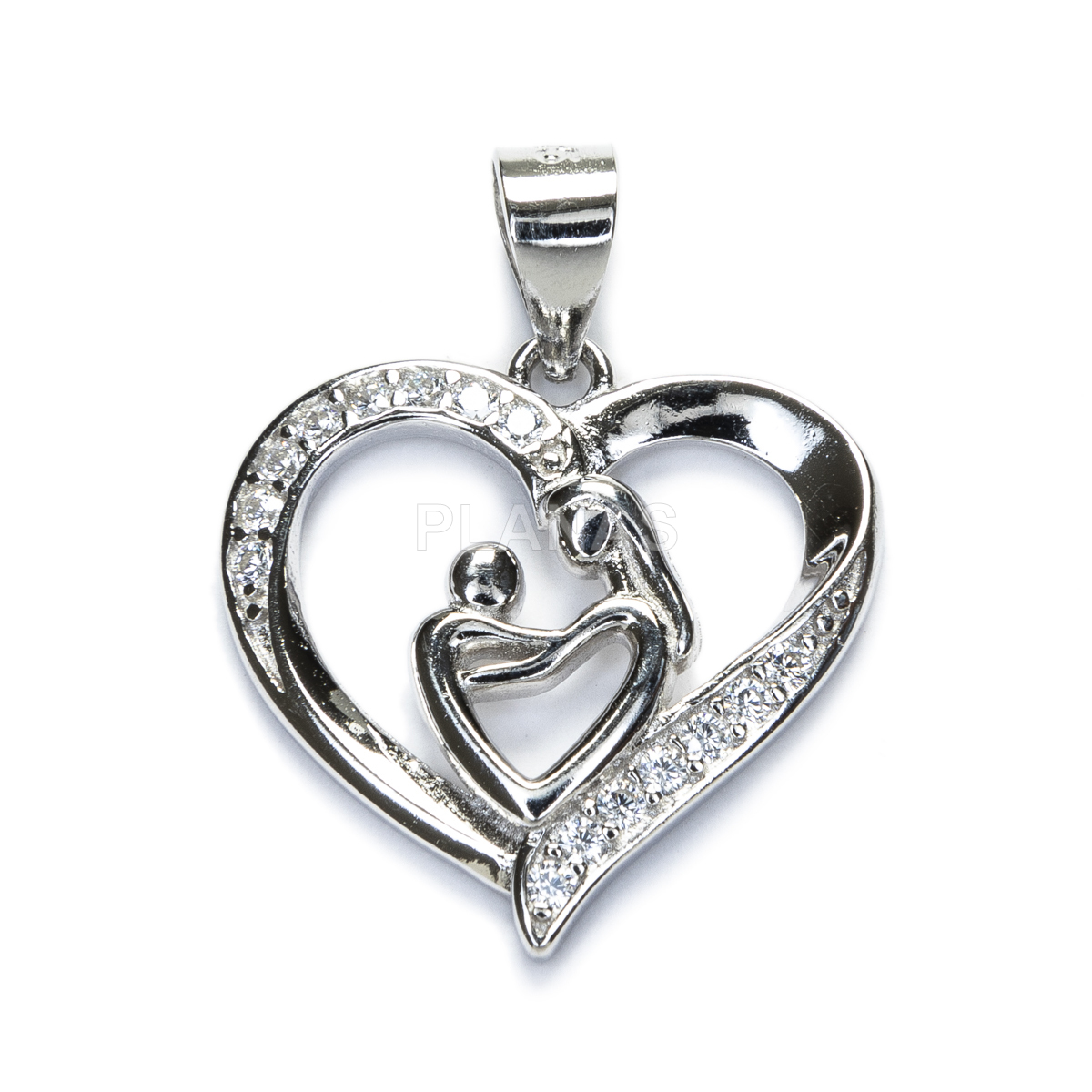 Pendant in rhodium-plated sterling silver and white zircons. heart mother and son.