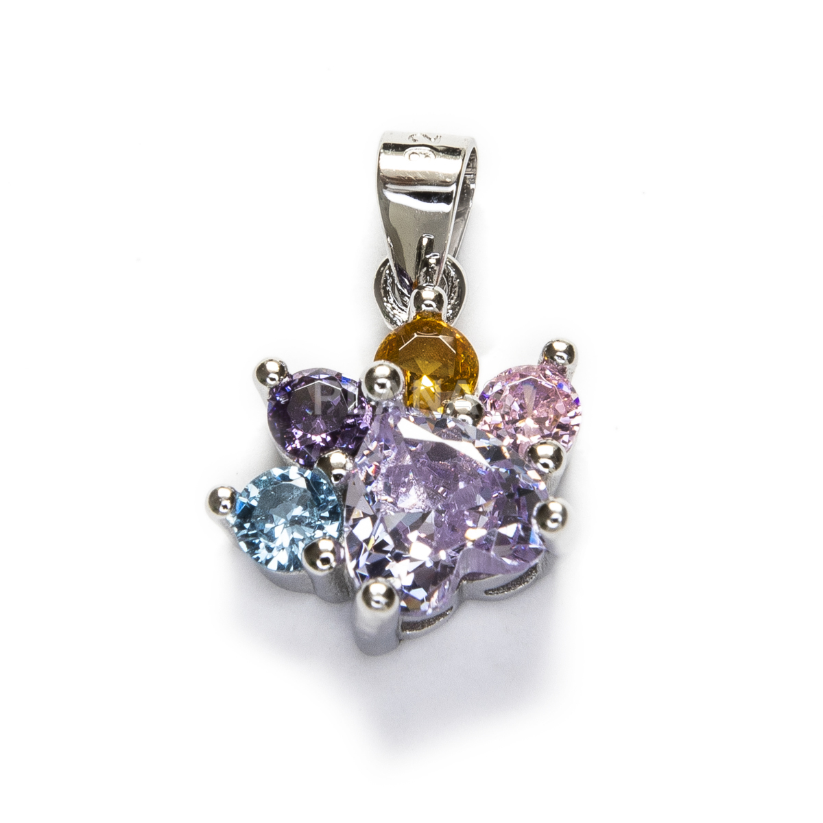 Pendant in rhodium-plated sterling silver and colored zircons. hoof.