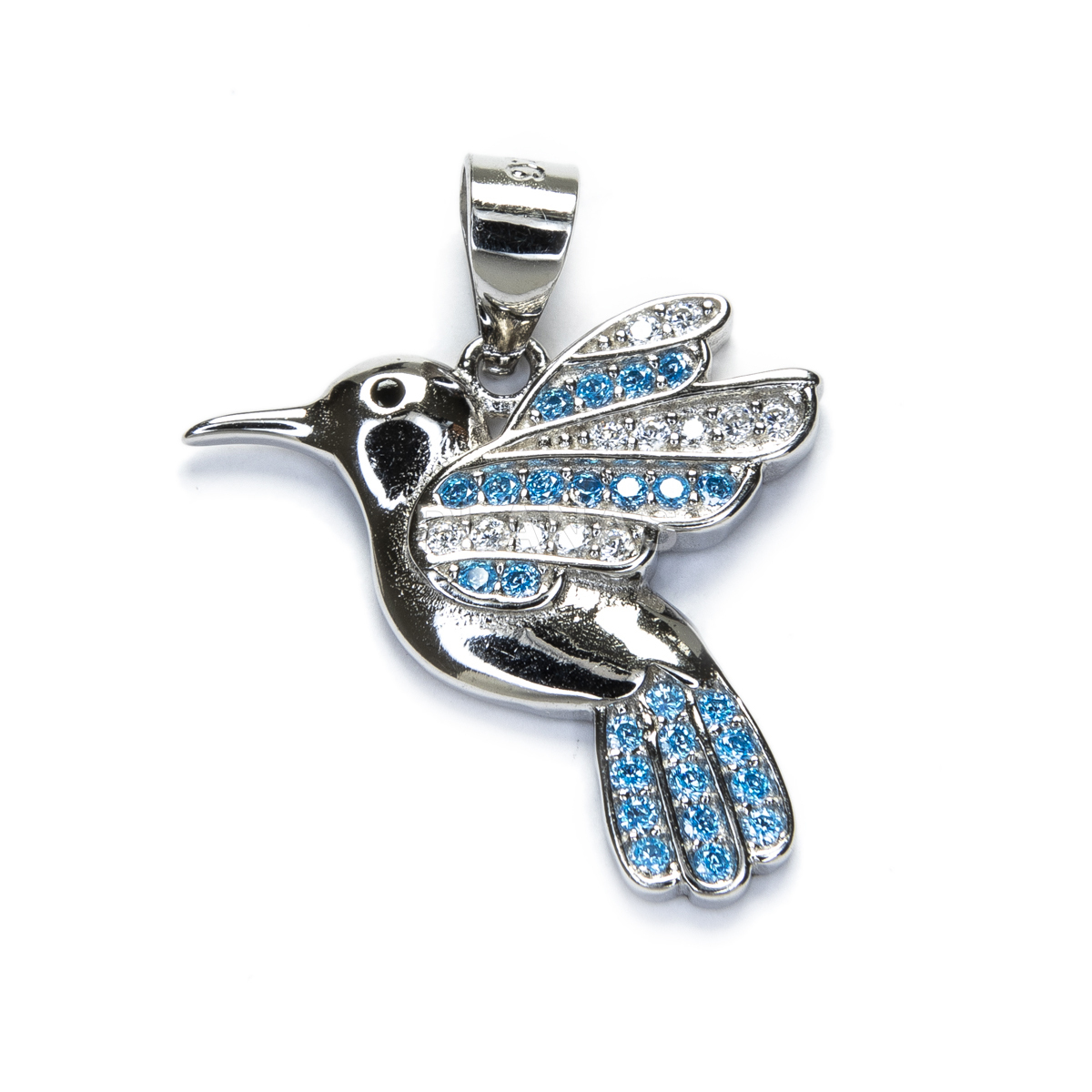Pendant in rhodium-plated sterling silver and blue zircons. hummingbird.