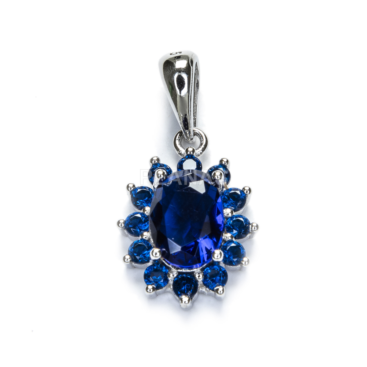 Pendant in rhodium-plated sterling silver and blue zircons.