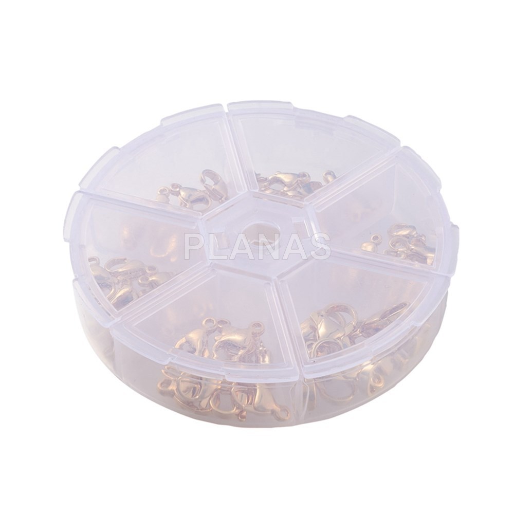 Caja con 60 mosquetones de diferentes medidas en Acero Inoxidable y Baño Oro. 