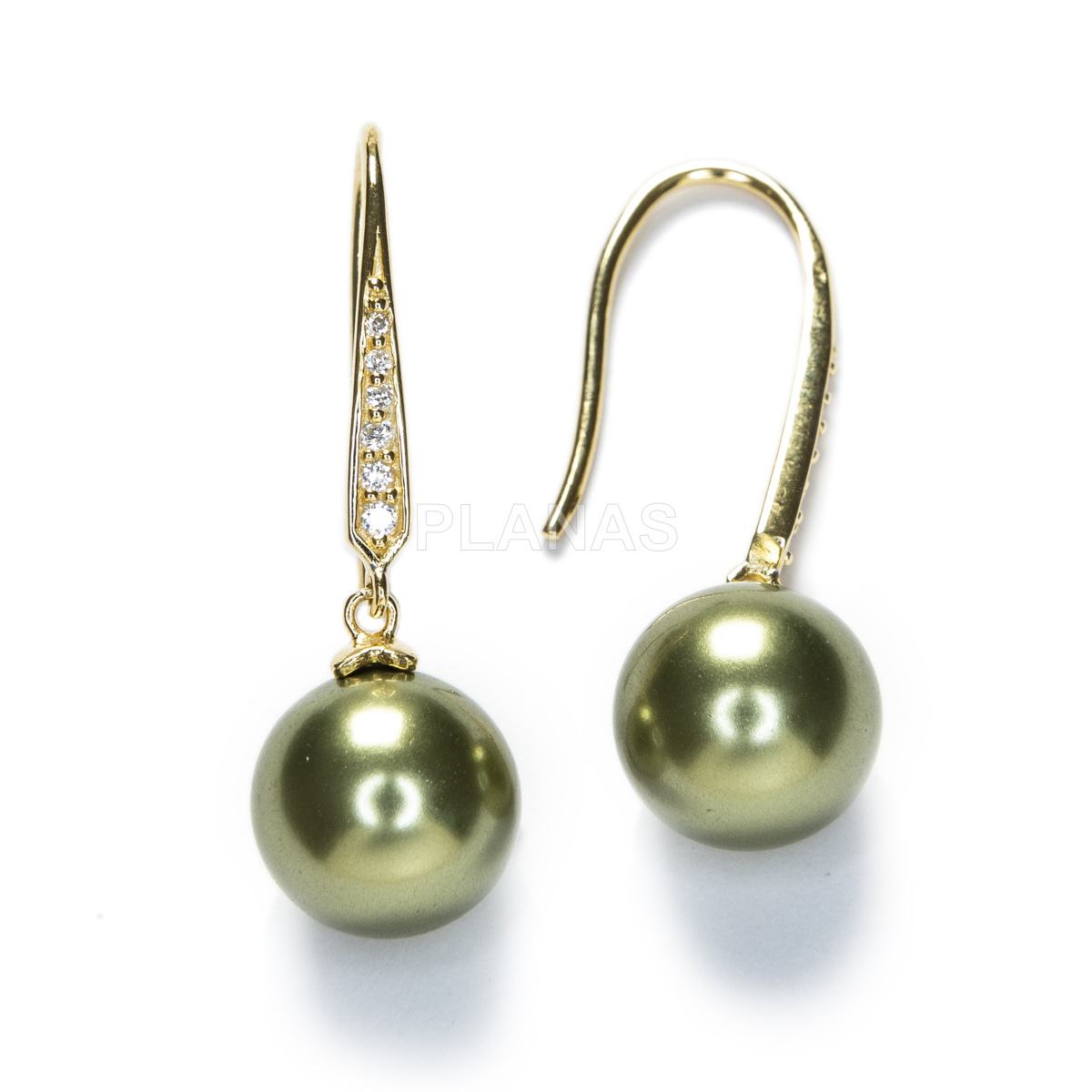 Pendientes en plata de ley y Baño Oro con perla Austríaca de primera calidad ,10mm. 