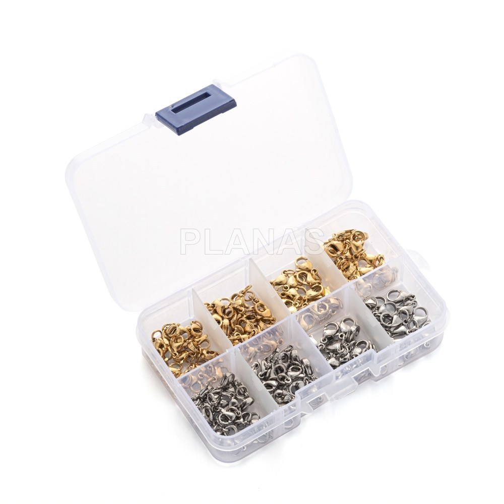 Caja con 140 mosquetones de diferentes medidas en Acero Inoxidable y en Baño Oro. 