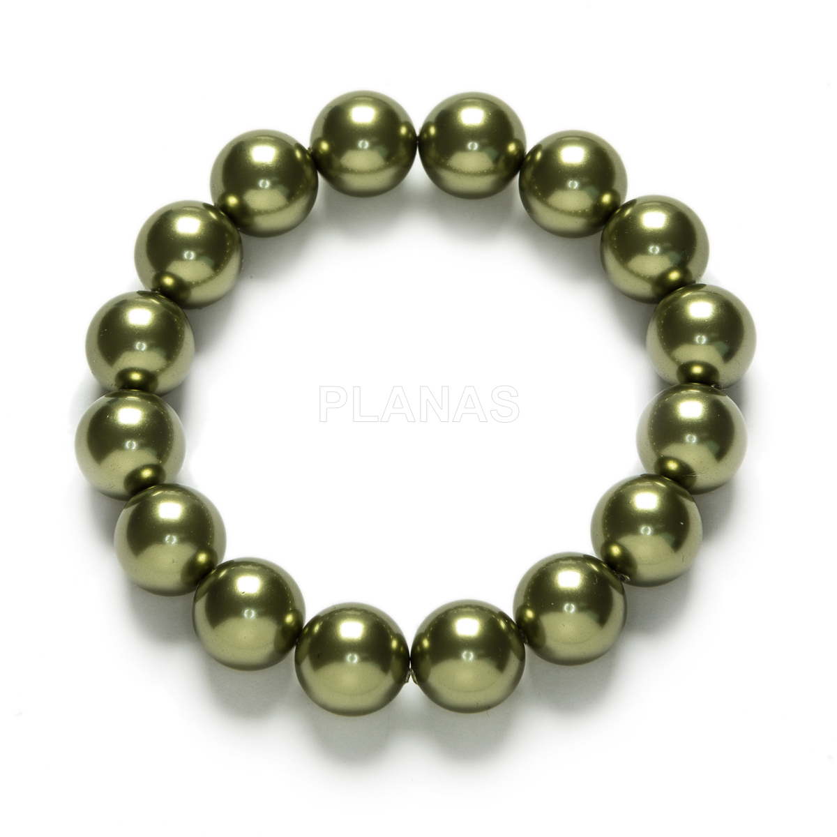 Conjunto de Collar, Pulsera y Pendientes en Plata de ley y Baño Oro Perlas de primera calidad en 12mm. Color Verde Oliva.
