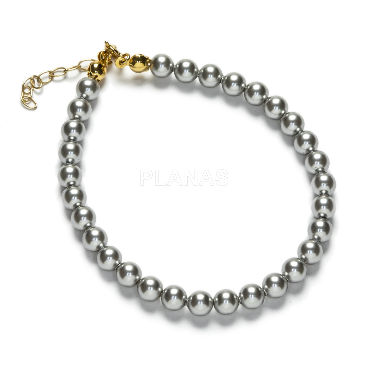 Conjunto de Collar y Pulsera en Plata de ley y Baño Oro Perlas de primera calidad en 5mm. Color Gris.