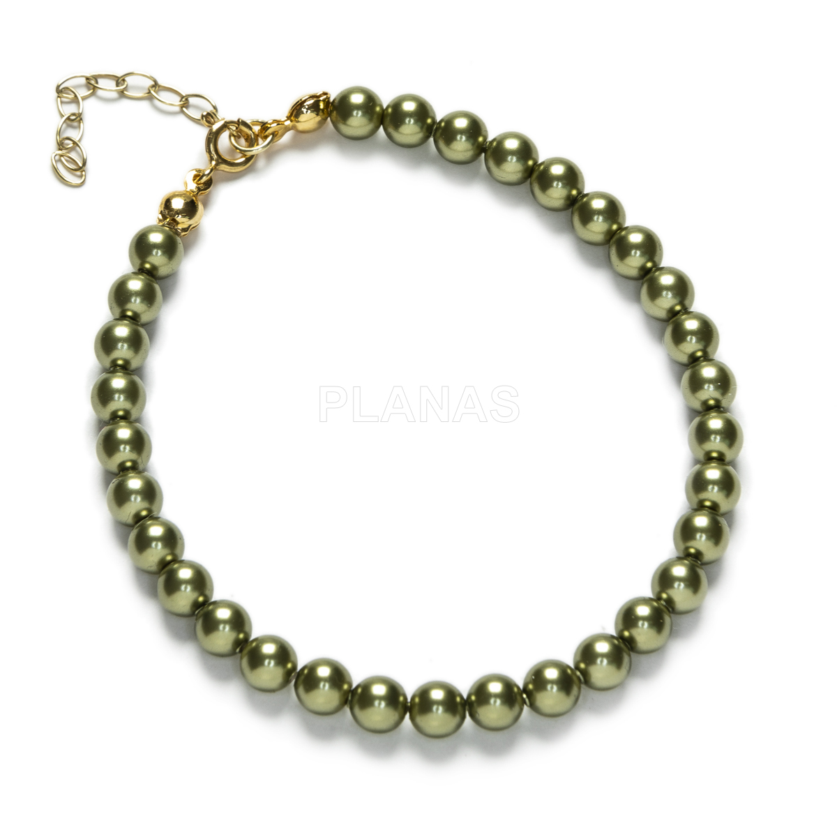 Conjunto de Collar y Pulsera en Plata de ley y Baño Oro Perlas de primera calidad en 5mm. Color Verde Oliva.