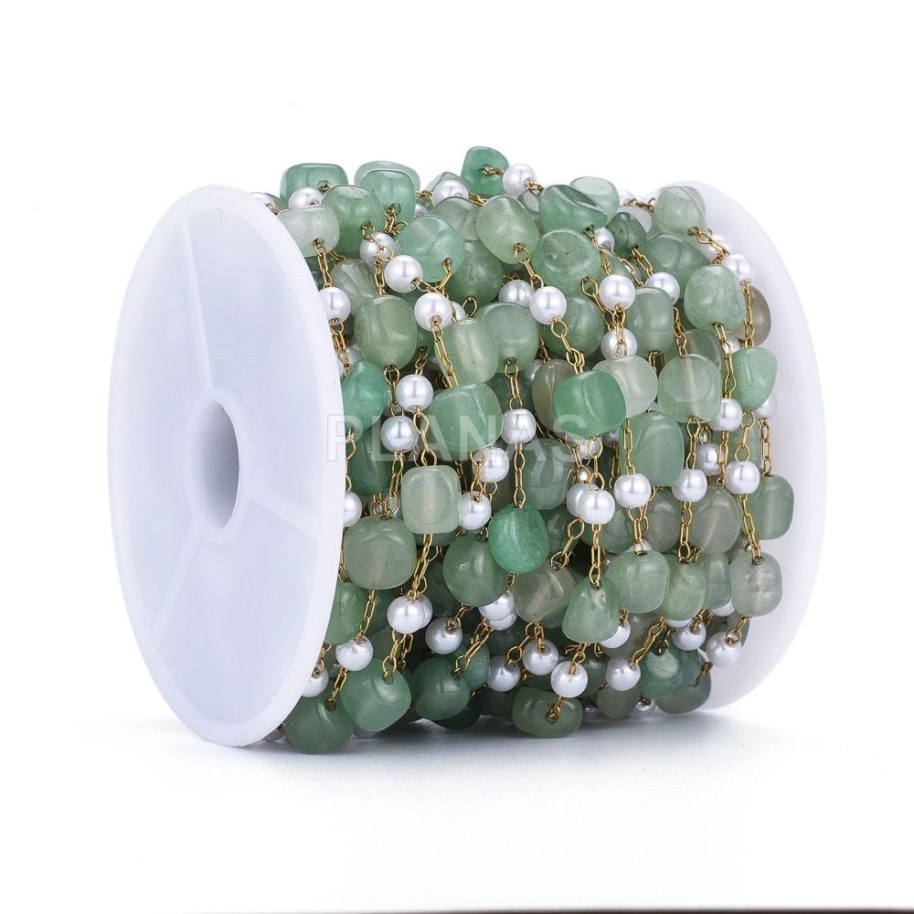 Tira de 1 Metro de perlas de Cristal y Aventurina verde con  Acero Inoxidable y Baño Oro.