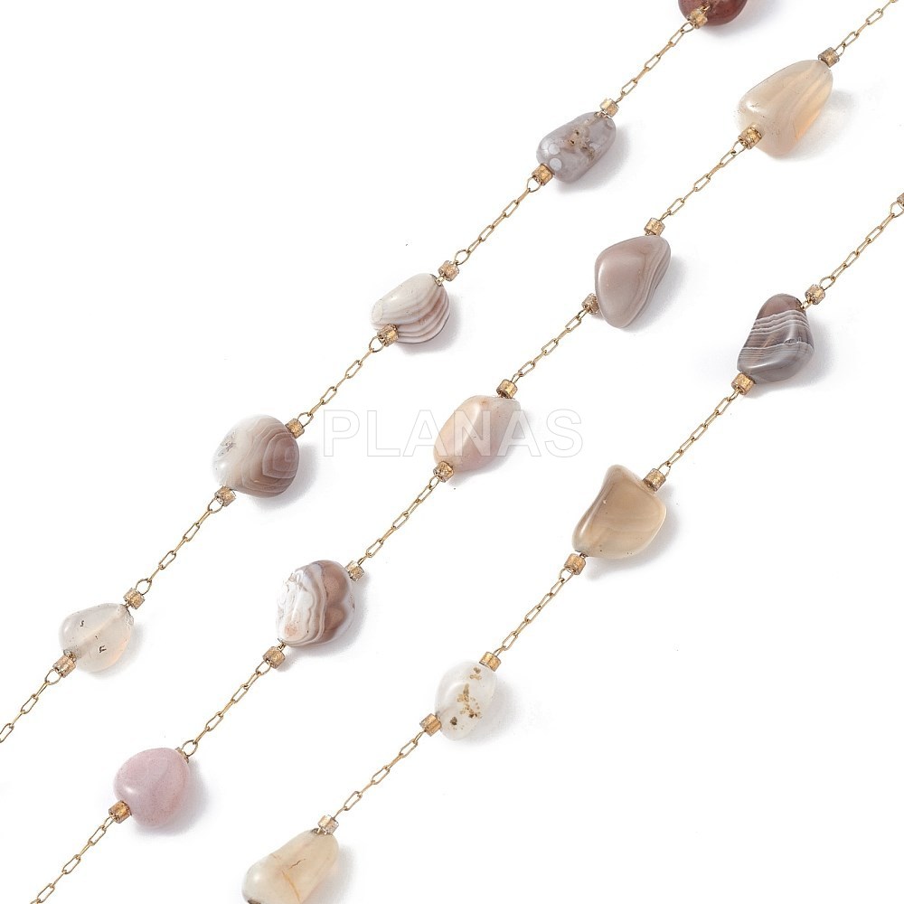 Tira de 1 Metro de perlas de Cristal y Agata de Botswana con  Acero Inoxidable y Baño Oro.