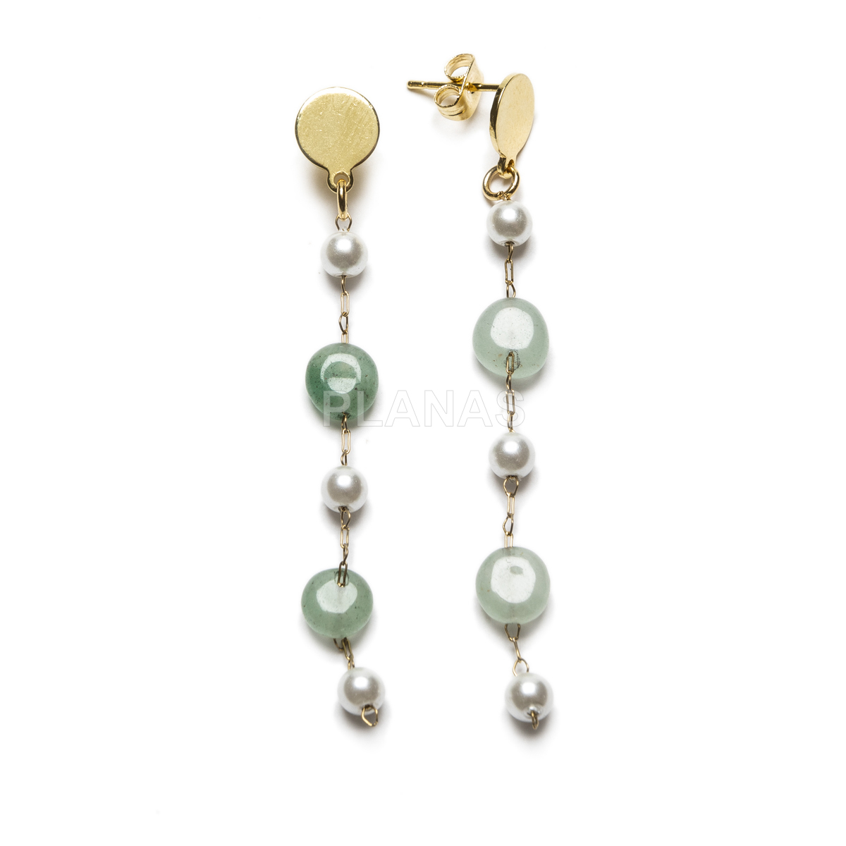 Conjunto de Collar, Pulsera y pendientes en acero inoxidable y Baño Oro con Aventurina verde.