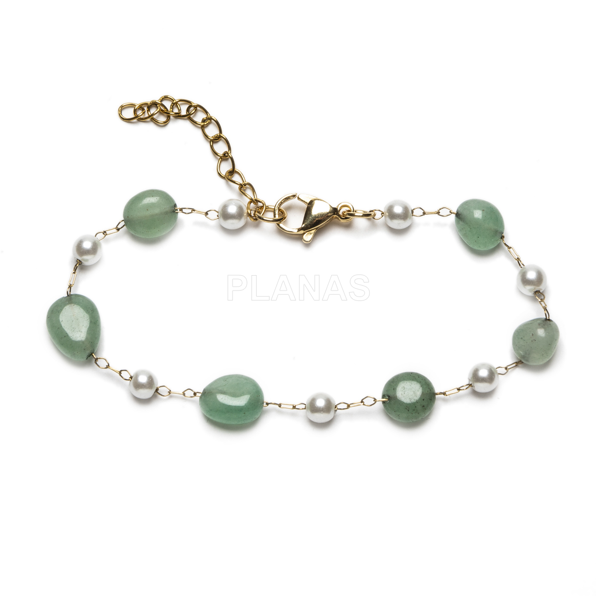 Conjunto de Collar, Pulsera y pendientes en acero inoxidable y Baño Oro con Aventurina verde.