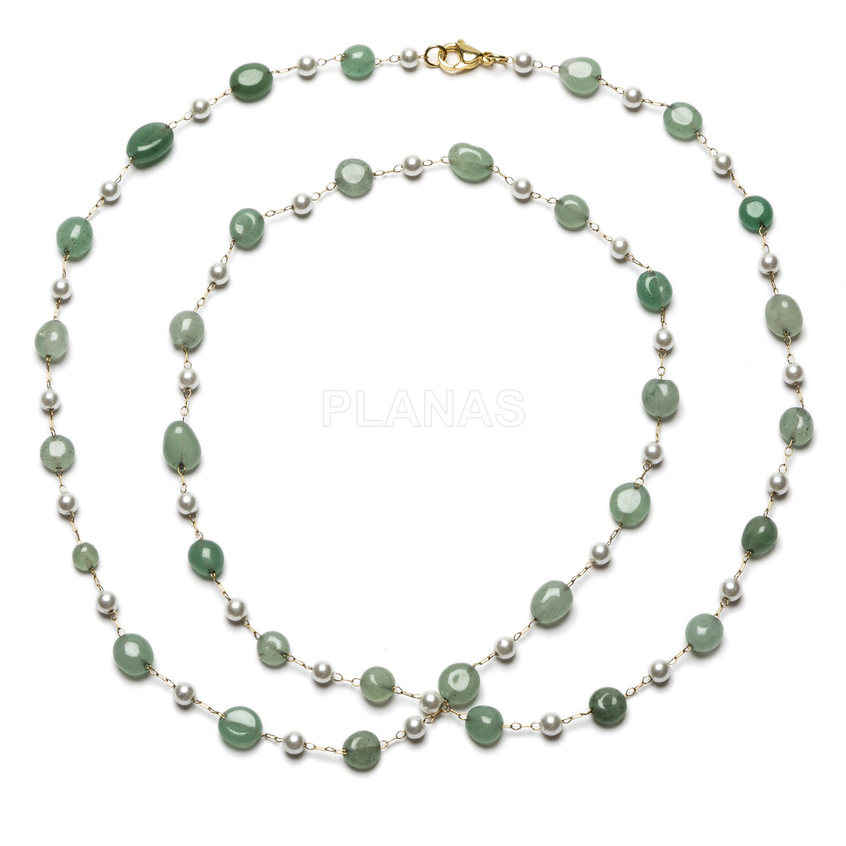 Conjunto de Collar, Pulsera y pendientes en acero inoxidable y Baño Oro con Aventurina verde.