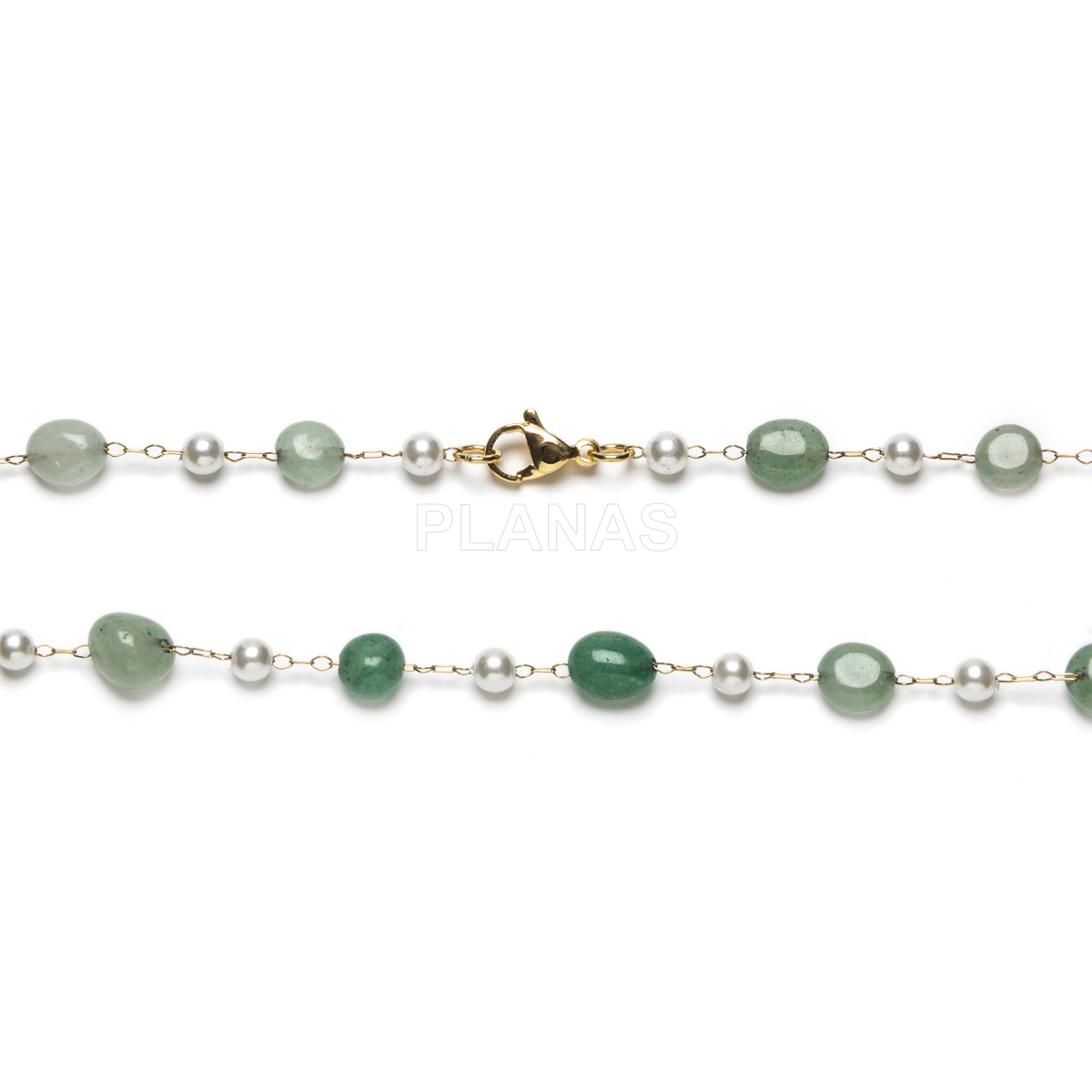 Conjunto de Collar, Pulsera y pendientes en acero inoxidable y Baño Oro con Aventurina verde.