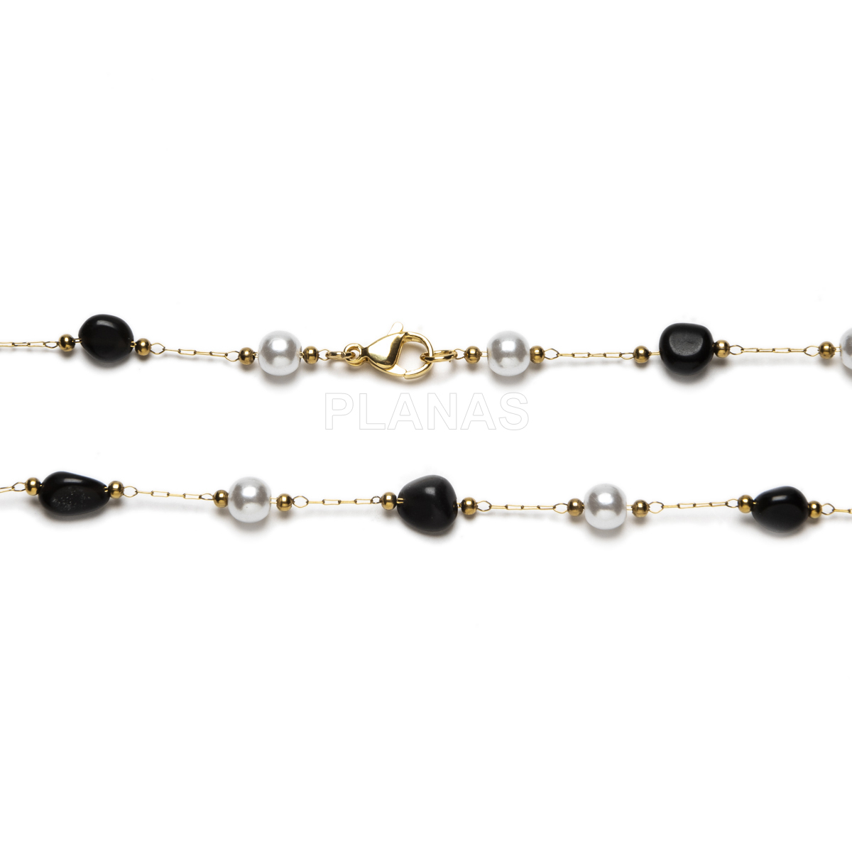 Conjunto de Collar, Pulsera y pendientes en acero inoxidable y Baño Oro con Agata Negra.
