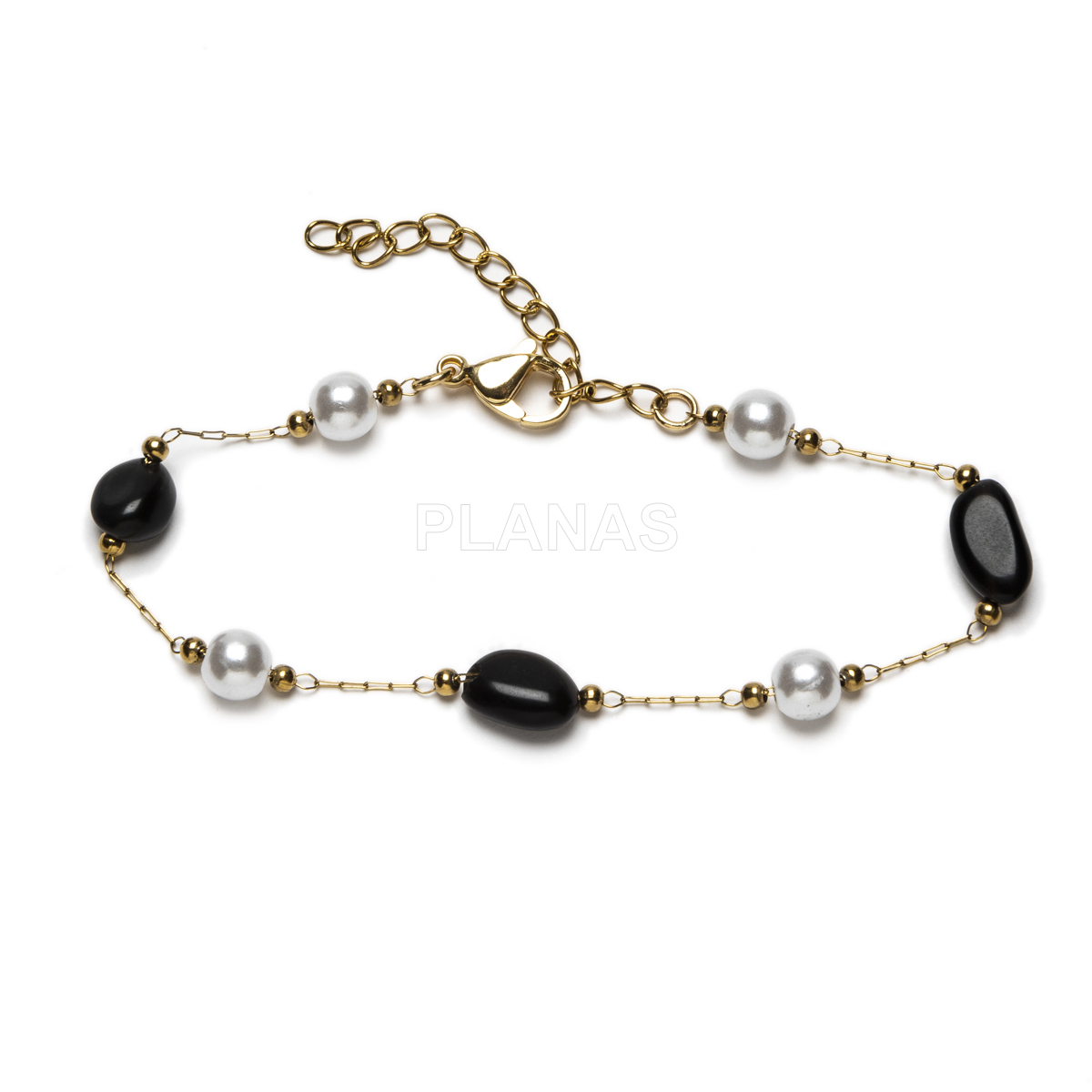 Conjunto de Collar, Pulsera y pendientes en acero inoxidable y Baño Oro con Agata Negra.