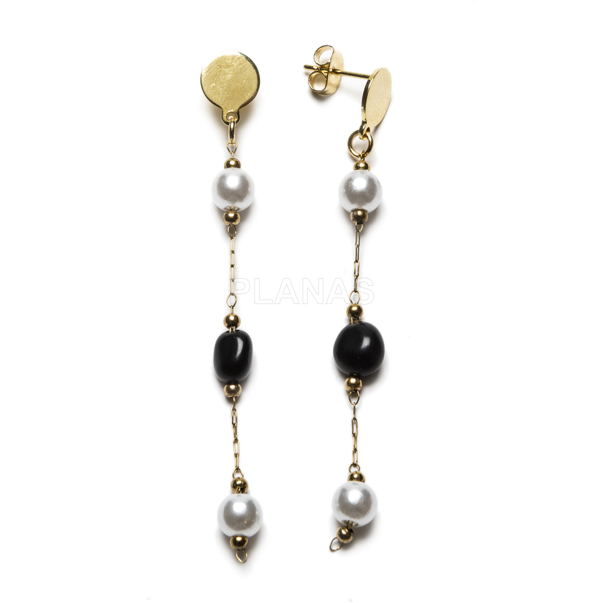 Conjunto de Collar, Pulsera y pendientes en acero inoxidable y Baño Oro con Agata Negra.