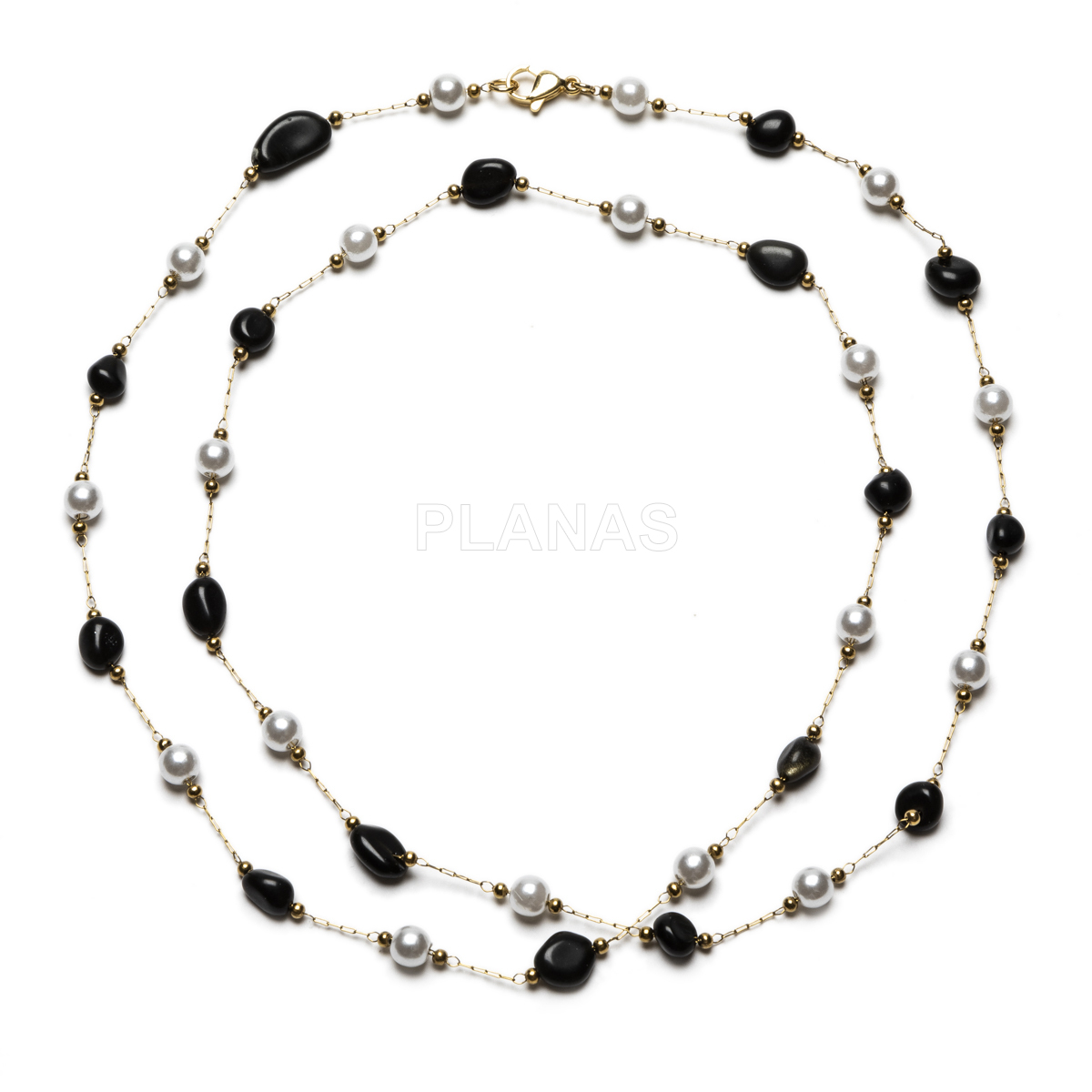 Conjunto de Collar, Pulsera y pendientes en acero inoxidable y Baño Oro con Agata Negra.