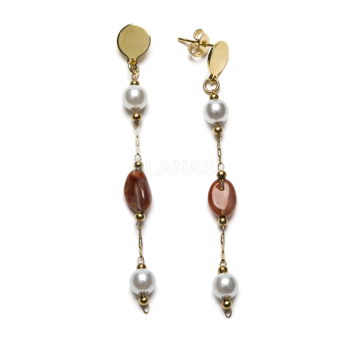 Conjunto de Collar, Pulsera y pendientes en acero inoxidable y Baño Oro con Agata Roja.