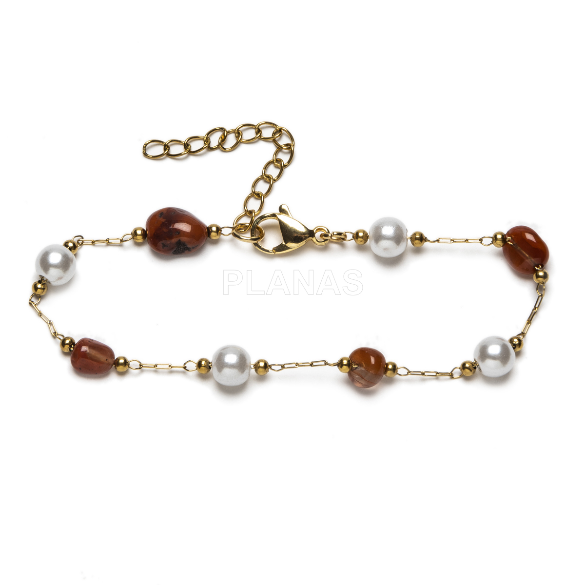 Conjunto de Collar, Pulsera y pendientes en acero inoxidable y Baño Oro con Agata Roja.