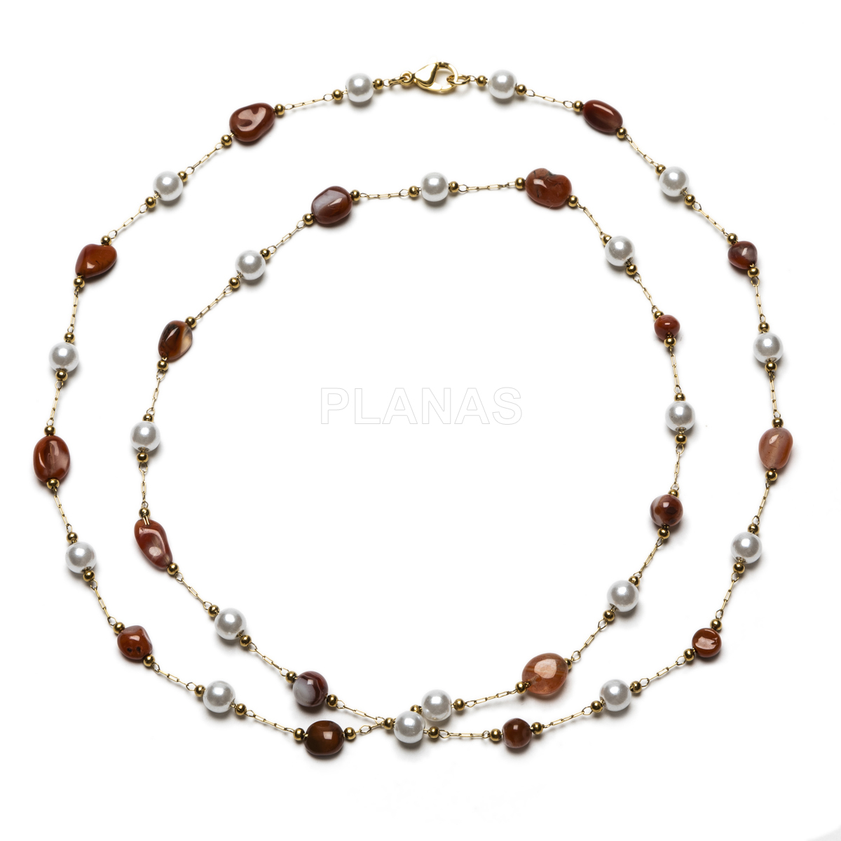 Conjunto de Collar, Pulsera y pendientes en acero inoxidable y Baño Oro con Agata Roja.