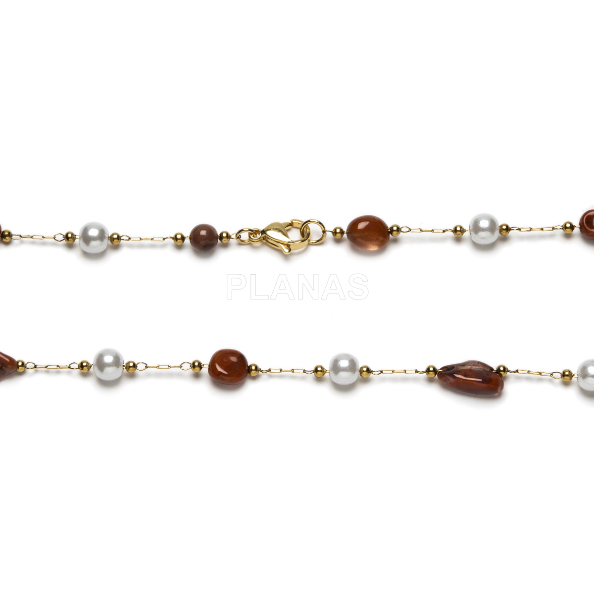 Conjunto de Collar, Pulsera y pendientes en acero inoxidable y Baño Oro con Agata Roja.
