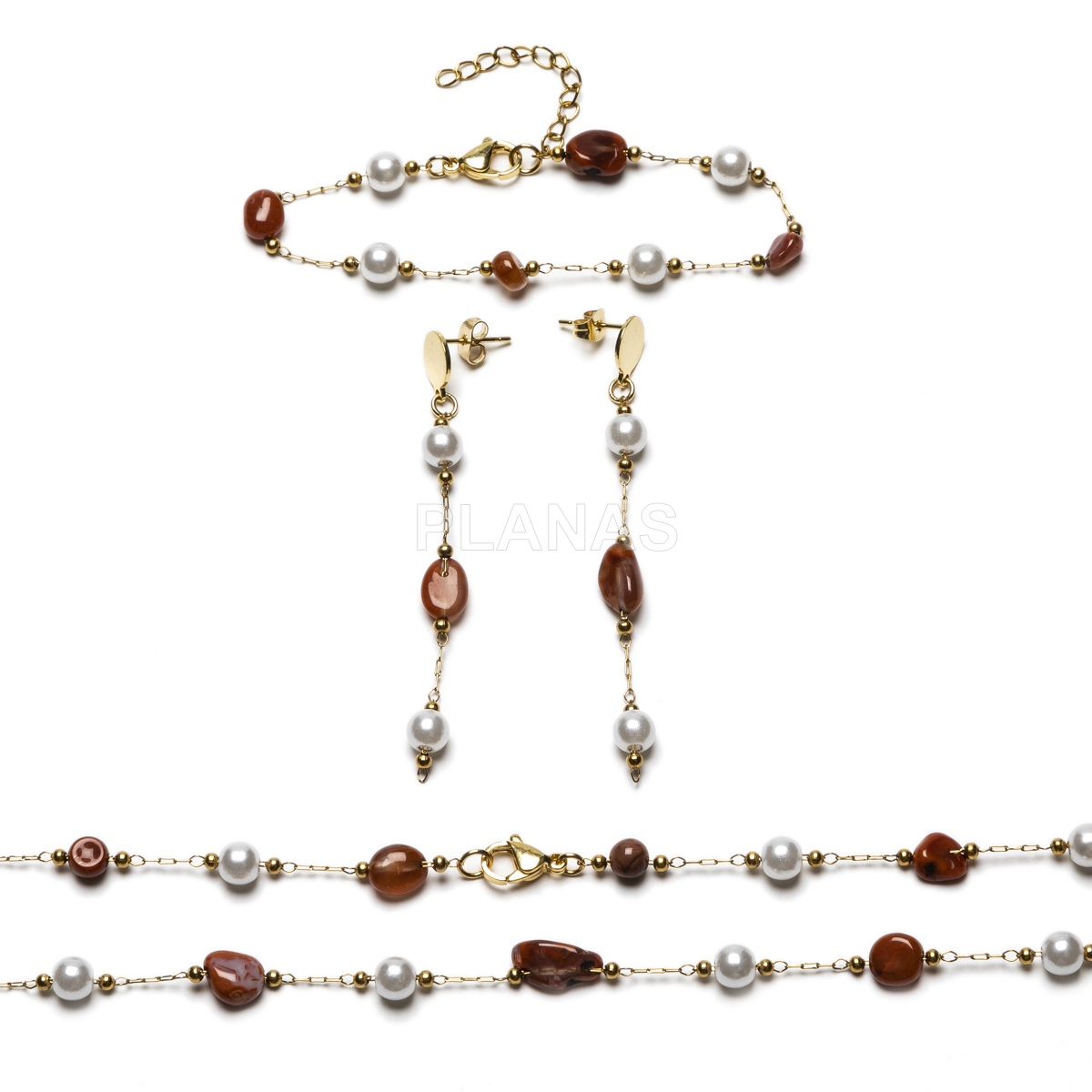 Conjunto de Collar, Pulsera y pendientes en acero inoxidable y Baño Oro con Agata Roja.