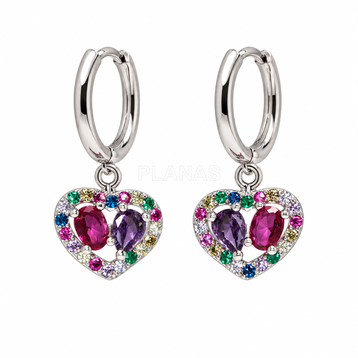 Aros en Plata de ley rodiada y circonitas de colores. CORAZÓN.