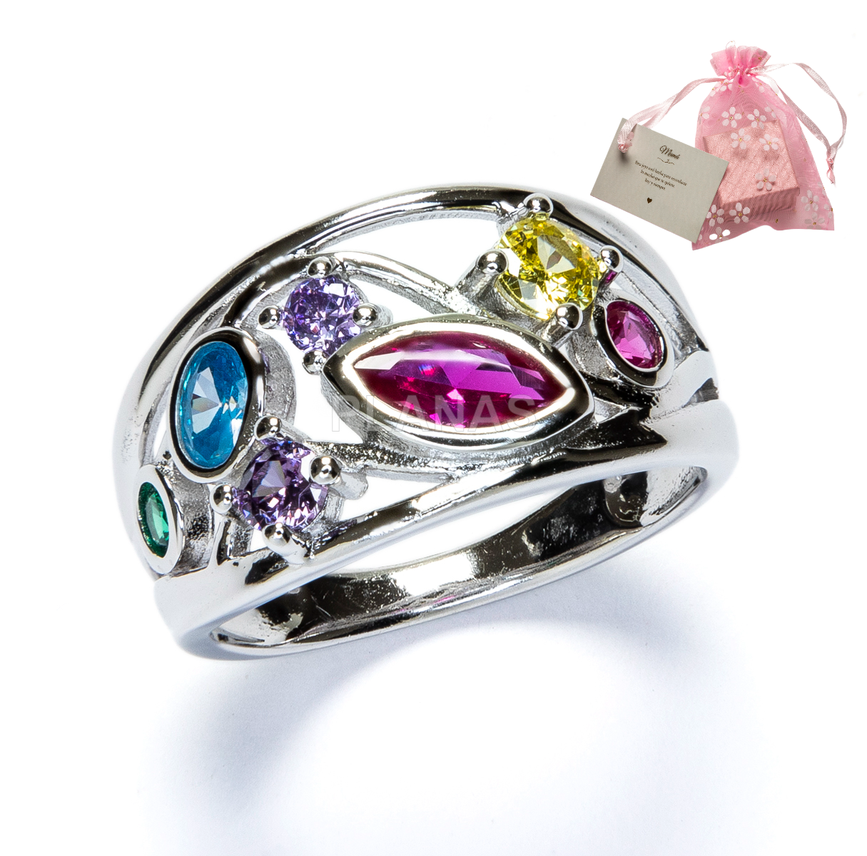 Anel em prata de lei banhada a ródio e zircônias coloridas.