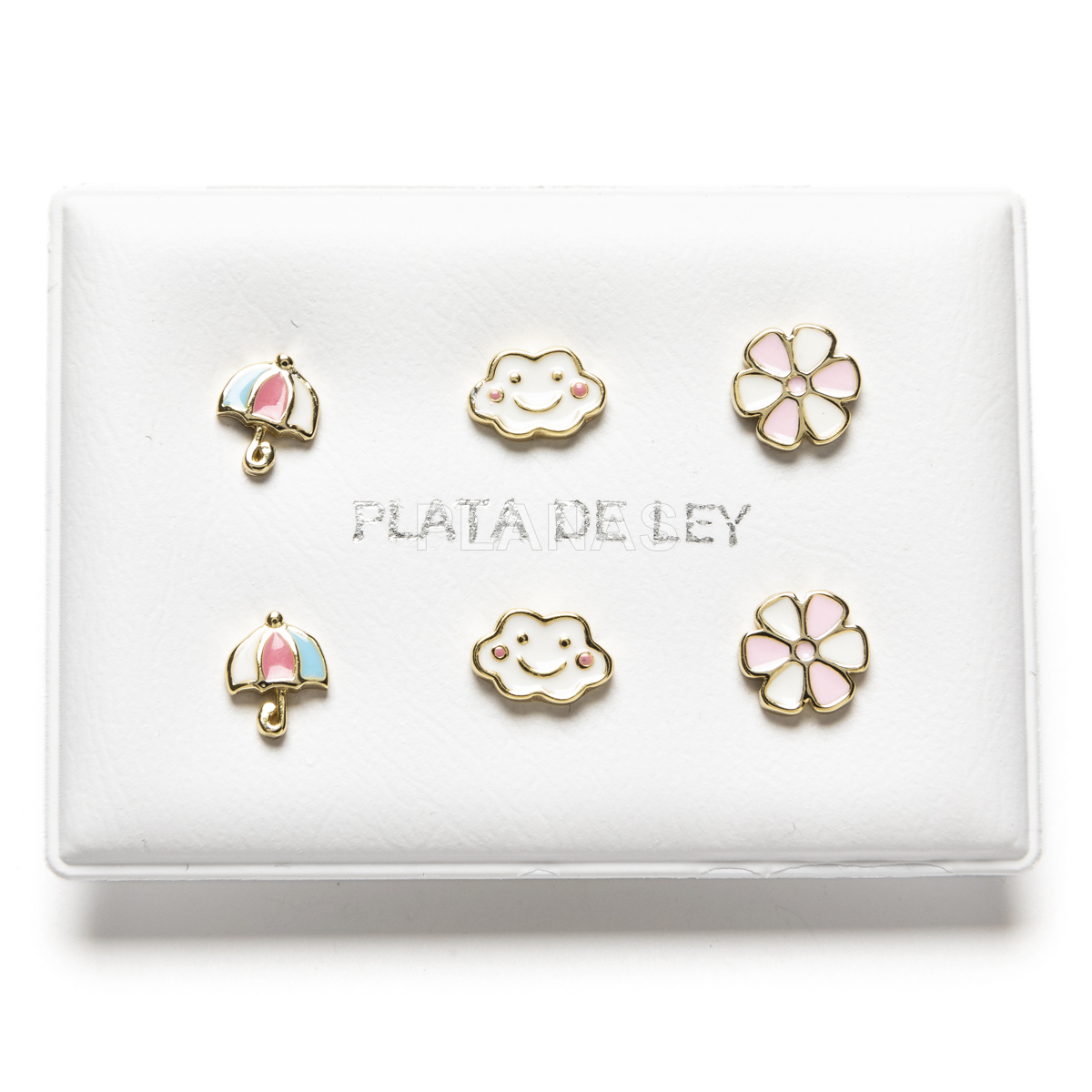 Display of 3pr earrings in sterling silver and gold plated with enamel. umbrella, cloud and flower.