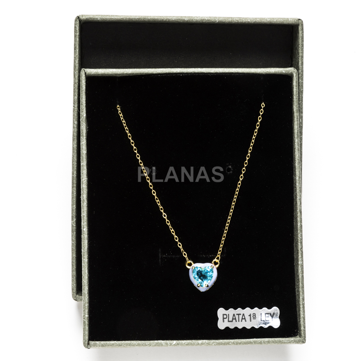 Pendant in sterling silver and gold plating with white zircons and enamel. blue heart.  