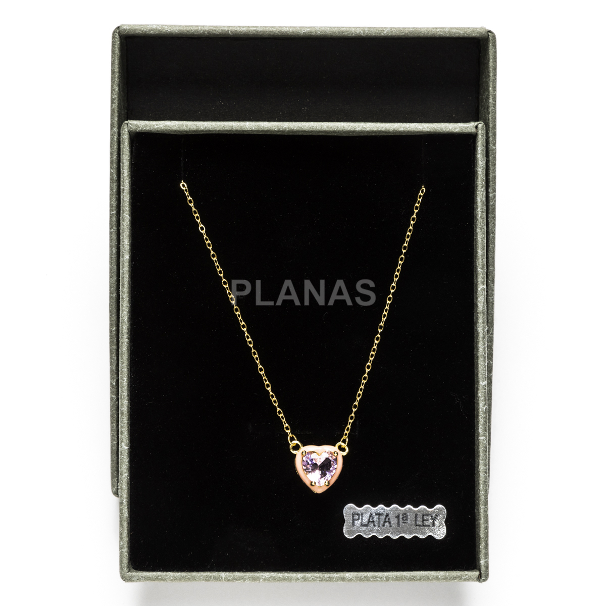 Pendant in sterling silver and gold plating with white zircons and enamel. pink heart.  